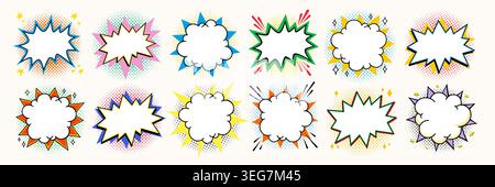 Set of comic starburst shapes with blank center, cloud speech bubbles and burst shapes with halftone dots in retro pop art vector style. Empty star Stock Vector