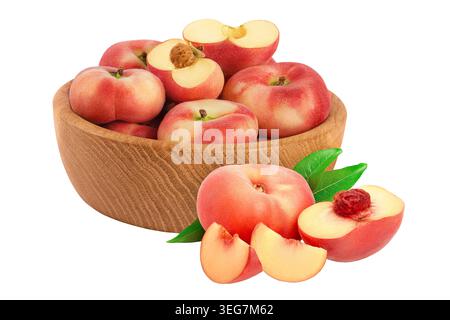 chinese flat donut peaches in wooden bowl isolated on white background Stock Photo