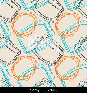 Seamless pattern with abstract orange turquoise and grey tangled lines on beige background for modern home textile and contemporary stationery design. Stock Vector