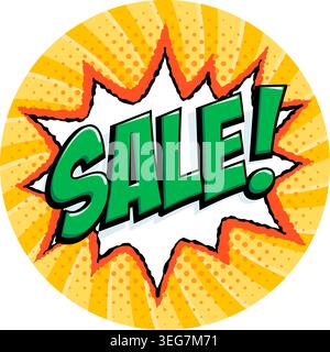 Sale comic round sticker with green lettering on starburst shape on yellow radial background with orange halftone dots. Sale circle badge for promo Stock Vector