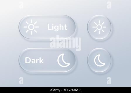 Glass button light and dark off and switch box sun and moon transparent icon with 3d glass circle and element. Illustration liquid glass with Stock Vector