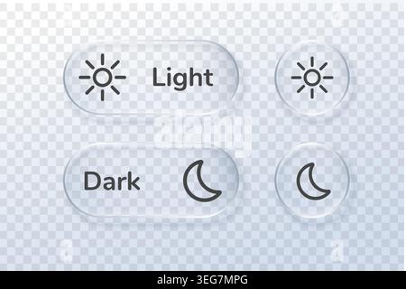 3d Glass button light and dark off with switch box sun. Moon transparent and glass icon circle with element text light. Illustration glass liquid and Stock Vector