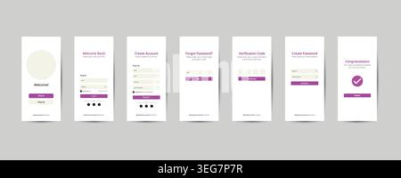 Mobile App UI Kit Login Signup Screen Modern Purple Interface Design Template Stock Vector