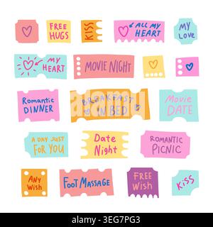 Love coupon set for Valentines day. Cute doodle sticker collection Stock Vector