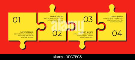 Horizontal chart with 4 connected jigsaw puzzle pieces. Yellow and red Stock Vector