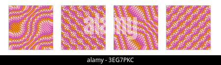Abstract square groovy background set. Collection of wavy geometric shapes texture hippie style 70s Stock Vector