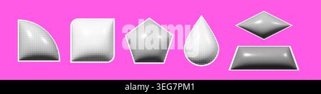 Trendy white and black 3d geometric halftone shapes. Dotted brutalists Y2k style elements set Stock Vector