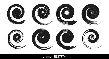 Spiral brush stroke set. Swirl motion design elements collection Stock Vector