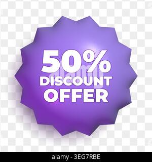 3d sale tag. Purple blue shining badge with 50 percent discount offer Stock Vector