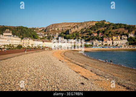 The beach, promenade and  Great Orme on a sunny summer morning in Llandudno, North Wales, UK, . Stock Photo