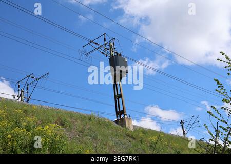 Overhead electric railway power lines and utility poles against a clear blue sky in Sweden. Stock Photo