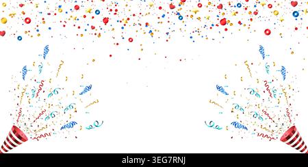 Bright colorful confetti and twin party poppers spray ribbons and streamers across a white backdrop, creating a joyful, festive atmosphere perfect for Stock Vector