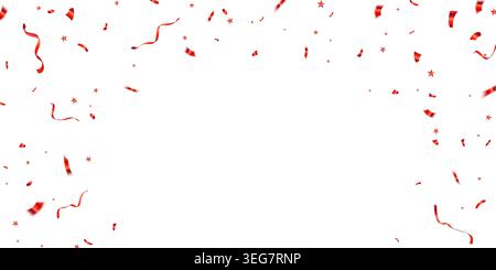 Bright red confetti and ribbon border on a white background creates a festive frame for party invitations, announcements, celebrations, holidays. Stock Vector
