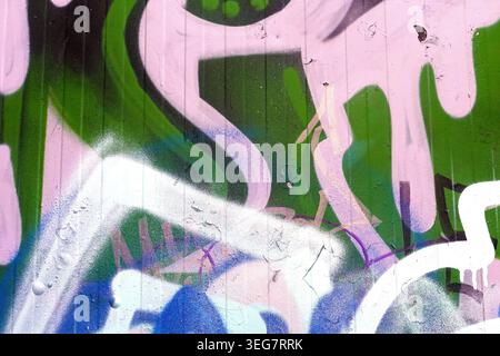 Spray painted graffiti messy layers of overlapping urban street art. Abstract colorful background. Stock Photo