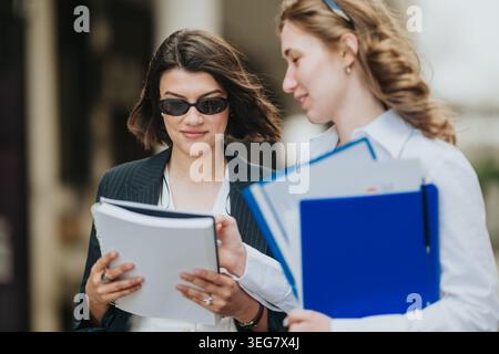 Two business people reviewing documents together outdoors discussing work and plans Stock Photo