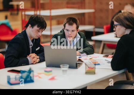 Three colleagues collaborating around a laptop in an inclusive business meeting at a modern office Stock Photo