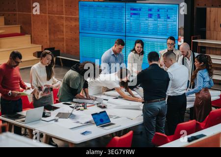 Business team collaborating on project planning around a table in a modern office space Stock Photo