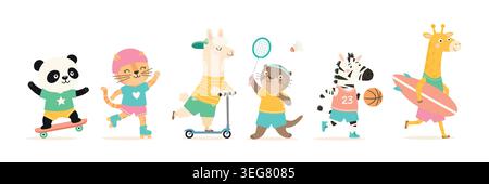 Cute Animal Sports Set Vector Illustration. Panda on Skateboard, Cat on Roller Skates, Llama on Scooter, Otter Playing Badminton, Zebra With Stock Vector