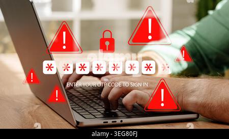 Scam message warns users to enter OTP code while typing on a laptop Stock Photo