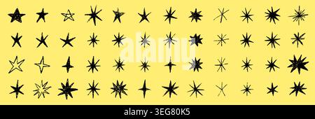 Yellow hand drawn stars on black background. Crayon and pencil doodle shapes with sketch texture for kids design, decoration, highlight elements, creative art, cute patterns and magical themes. Stock Vector