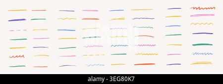 Colorful hand drawn underline lines with pencil and crayon texture isolated on white background. Cute sketch elements for kids, school design, highlights, doodles, decoration and creative art. Stock Vector