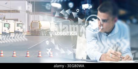 Logistics planning takes place in a busy transport and shipping area during the day Stock Photo