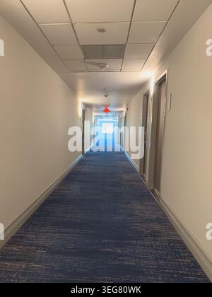 A long hallway shows a light at the end. Rooms are on either side. The floor is blue carpet. Lights brighten the space and ceiling. Stock Photo