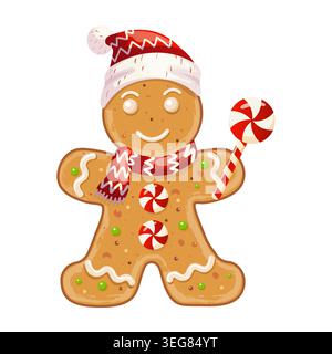 A charming gingerbread man, a festive traditional winter cookie decorated with white icing, wearing a red Santa hat and striped scarf, holding a red a Stock Vector