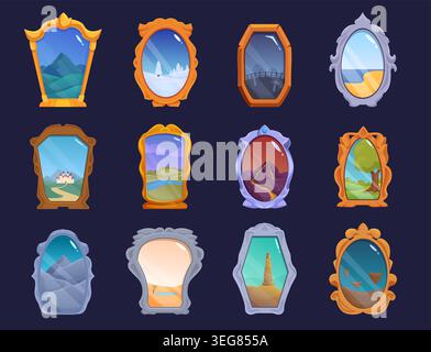 Fantasy mirrors. Magic game mirror assets in wooden, golden, silver frames. Fortune telling magical glass with cartoon tale worlds, sapid vector Stock Vector
