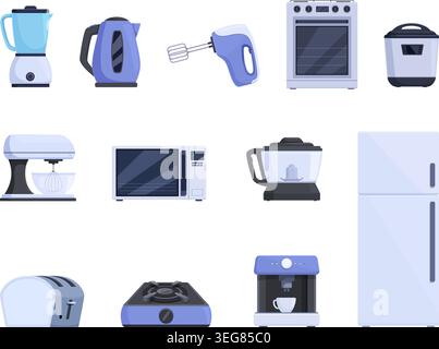 Cartoon kitchen appliances. Smart household devices, home technics. Oven and fridge, microwave, electrical teapot and coffee machine. Helpers for Stock Vector