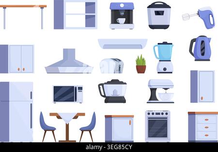 Cartoon kitchen furniture. Dinner room interior elements, table with chairs, cabinets, small electric appliances. Household, home design sapid vector Stock Vector
