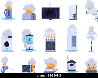 Broken electronics appliances. Damaged washing machine, oven and fridge. Home devices in fire flame, smoke and water. Repairs required sapid vector Stock Vector