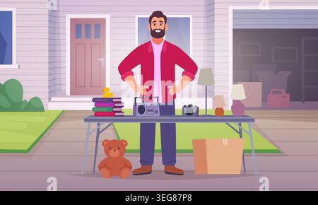 Second hand. People selling old used items on flea market exact vector cartoon background Stock Vector