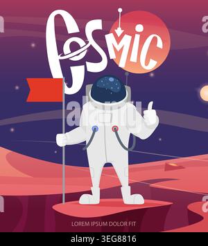 Astronaut. cosmic cartoon background with astronaut standing on moon surface Stock Vector