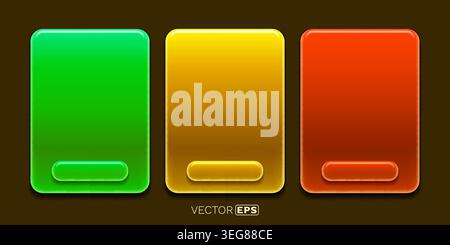 Three glossy, colorful rounded rectangular panels with interactive buttons for modern UI design. Vector illustration Stock Vector