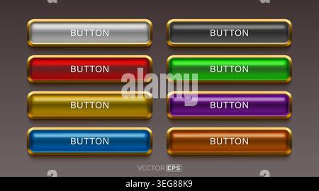 Glossy colorful button set with gold frame, ideal for web design and game interface. Vector illustration Stock Vector