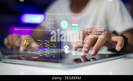 Person using a tablet with glowing AI brain and data interface. Modern technology, artificial intelligence, and machine learning concept for business Stock Photo