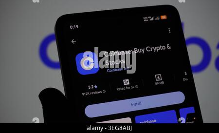 Baku, Azerbaijan. May 18, 2026: Coinbase Inc. Cryptocurrency, stock trading concept. Business and finance. Stock Photo