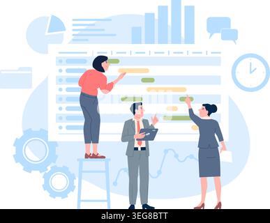 Project timeline people concept. Working schedule, milestones of tasks or work map. Office characters and time management, teamwork recent vector Stock Vector