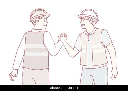 Two men in uniform of builders or repairmen shake hands holding each others palms tightly. Young guys in reflective vests and safety helmets demonstrate unity and solidarity. Flat vector design Stock Vector