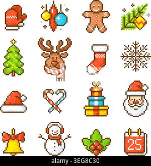 Christmas pixel elements. 8-bit decorative art, winter retro style icons. Old game design, holiday symbols, sweets, santa, deer, gingerbread, new year Stock Vector