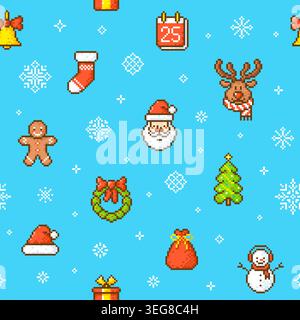 Christmas pixel seamless pattern. Creative 8-bit icons, santa, deer, xmas tree, red sock. Falling arcade game elements. Print new year, winter season Stock Vector
