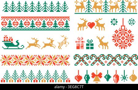 Pixel art christmas ornaments. Traditional new year season print ornament with deer, snowflakes, sweets, toys and xmas tree. Scandinavian style tidy Stock Vector