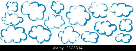 Hand drawn cloud scribble shapes in soft outline style. Playful pen line doodle set with light marker texture for cute background elements or Stock Vector