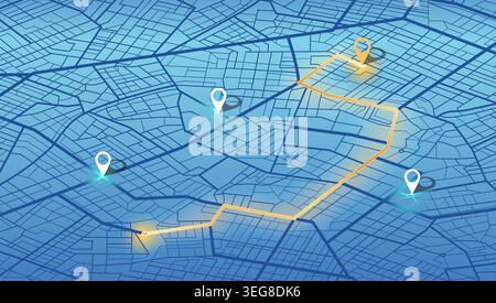 Perspective urban plan featuring digital navigation path and multiple GPS markers. Vector illustration. Stock Vector
