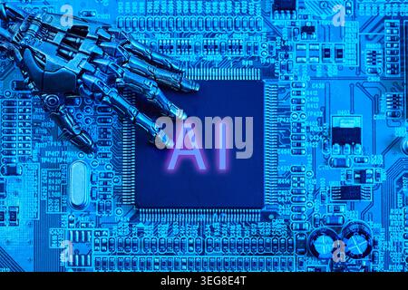 Robot hand touching ai circuit board processing data Stock Photo