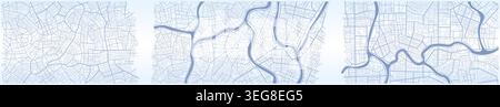 Set of blue city map plan backgrounds featuring detailed street networks and rivers. Vector illustration. Stock Vector