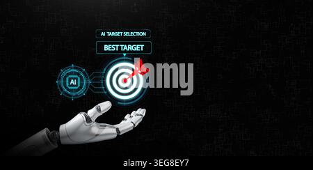 Robot hand presenting AI target selection interface with the best target and precision analysis. Artificial intelligence targeting, automation, roboti Stock Photo