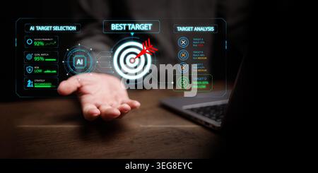 Hand holding AI target selection interface with best target, success probability, goal match, and risk analysis. Artificial intelligence strategy, pre Stock Photo