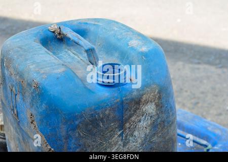 Old Blue Plastic Jerry Can Close Up Stock Photo